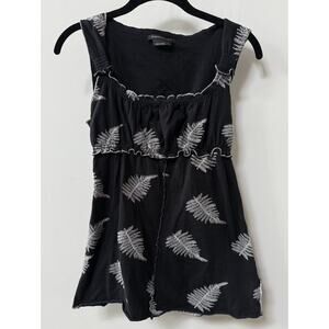 BCBGMAXAZRIA Babydoll Tank Top Black Fern Print Size‎ S Cotton Y2K Cottagecore